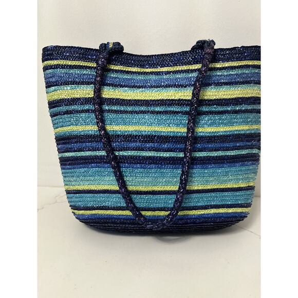 Faded Glory Wheat Straw Multi Striped Tote/Shoulder/Beach Bag NWOT - Picture 1 of 5